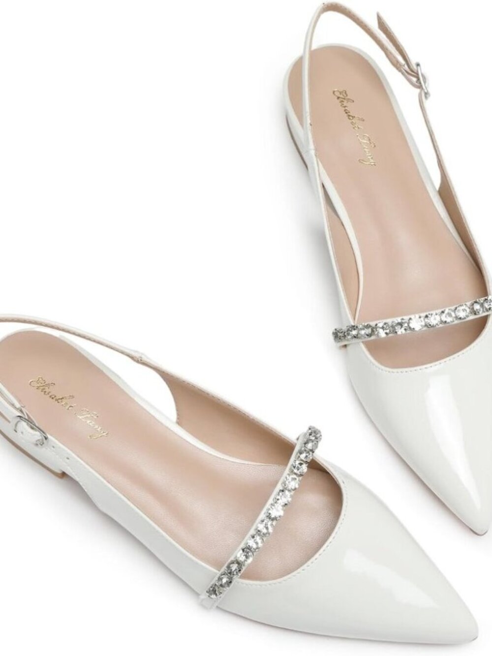 Women White Patent Polyurethane (PU) Rhinestone Pointed Toe Slingback Flats